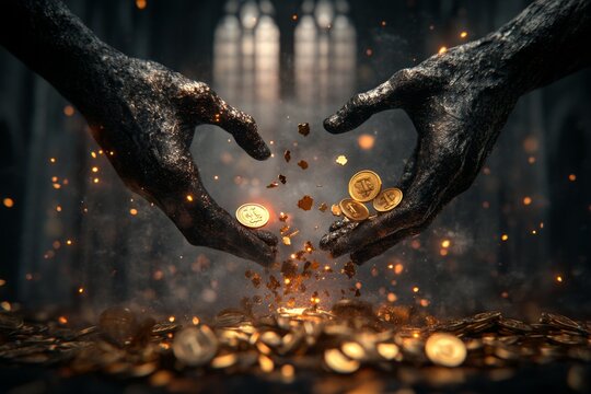 A mysterious gothic vault with eerie ghostly hands pushing back a portion of the gold coins, symbolizing a partial refund