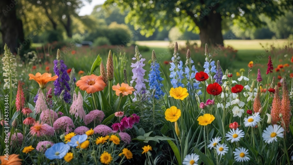 Wall mural Vibrant Flower Bed Showcasing a Colorful Array of Blossoms in a Scenic Country Park Setting in the UK