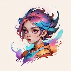 Naklejka premium Vibrant fantasy portrait of a young woman with multicolored hair in pink, purple and blue tones, featuring expressive eyes and dynamic watercolor splash effects perfect for modern design projects.