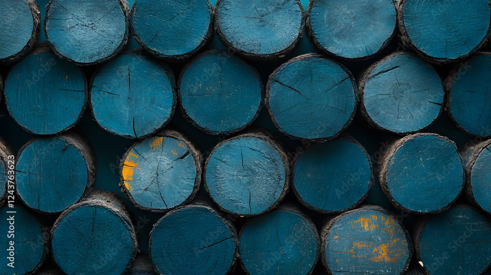 Aufkleber stacked logs with a blue hue, creating a textured and colorful background, emphasizing natural mater