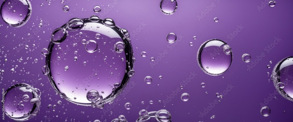 Poster saturated purple background featuring large shiny droplets and bubbles resembling mercury, creating 