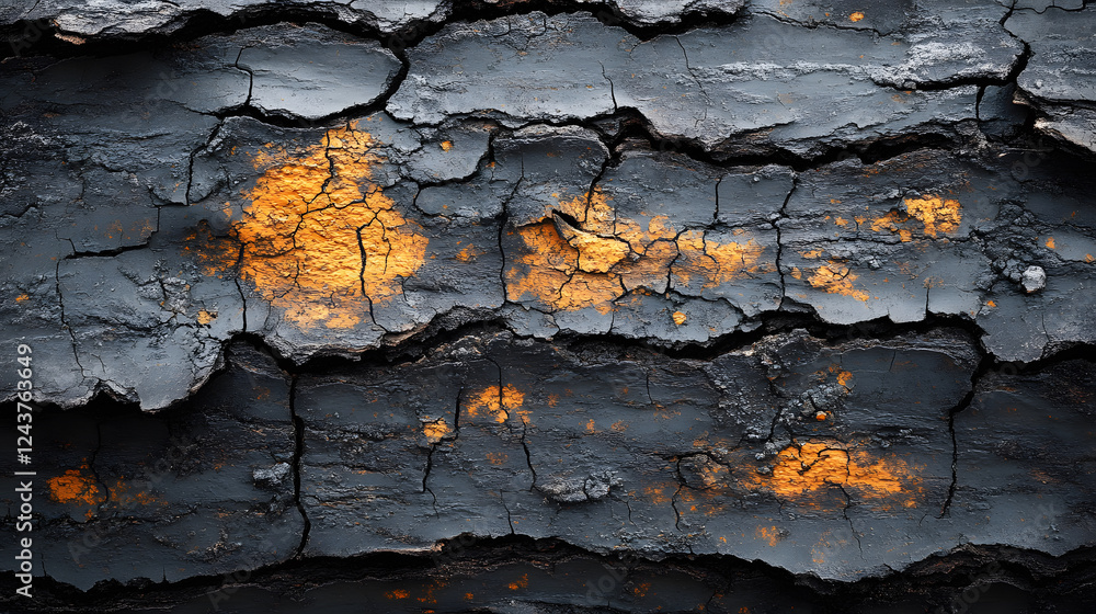 Poster textured surface of charred wood featuring deep cracks and vibrant orange highlights creating a stri