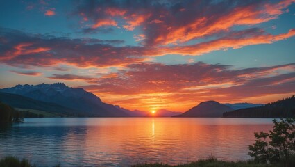 Obraz premium Serene Sunset Over Tranquil Lake with Majestic Mountains and Vibrant Sky Ideal for Travel and Nature Themes with Space for Text Overlay