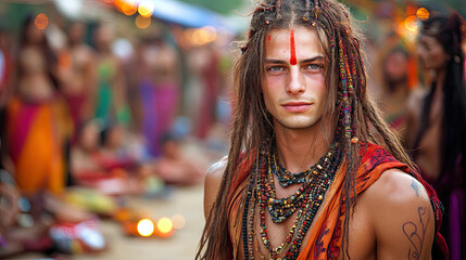 Obraz premium A Young Man With Long Hair and Traditional Attire Participates in a Vibrant Cultural Festival Amidst a Lively Crowd in the Evening Light