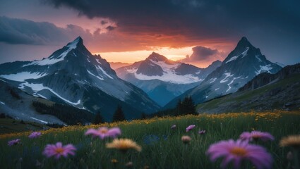 Majestic mountain peaks with a vibrant wildflower meadow under a dramatic sunset sky on a cloudy, rainy evening.