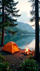 A cozy campsite on the shore of a serene lake surrounded by tall pine trees, a yellow tent set up by a crackling campfire, a wide-angle shot.