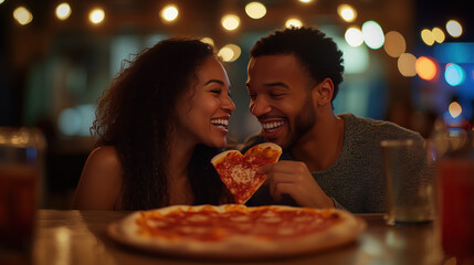 A couple sharing a slice of heart-shaped pizza, laughing and enjoying each other’s company.