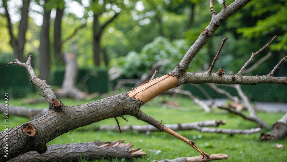Poster close-up of a broken tree branch in a lush garden surrounded by green trees and scattered fallen bra