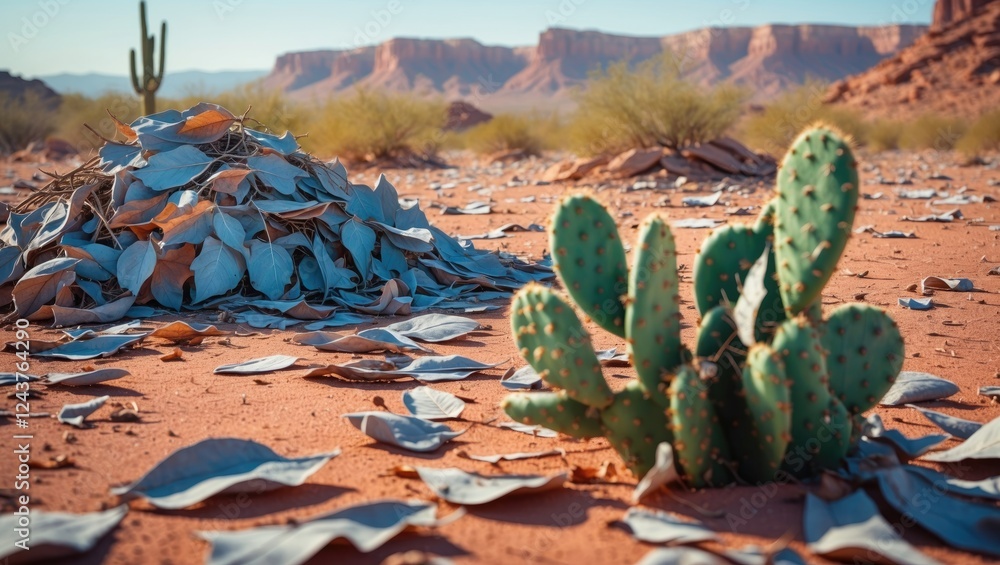Poster desert landscape featuring a pile of dry leaves and a cactus in the foreground with serene mood and 