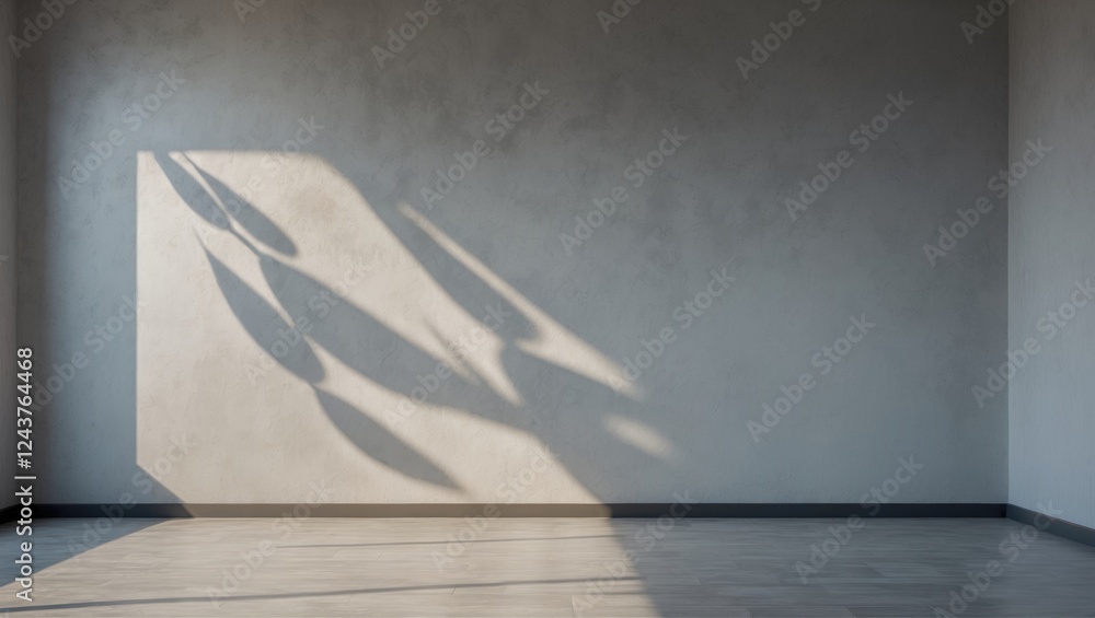 Poster monstera leaf shadow casting on a wall in a minimalistic room with neutral tones and empty space for