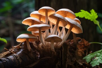 Fototapeta premium Cluster of mushrooms growing on decaying log in a shady forest, illuminated by sunlight
