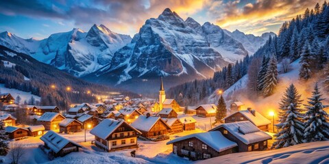 Sunset over Snowy Alpine Village Aerial Composition, Illuminated Houses, Majestic Mountains