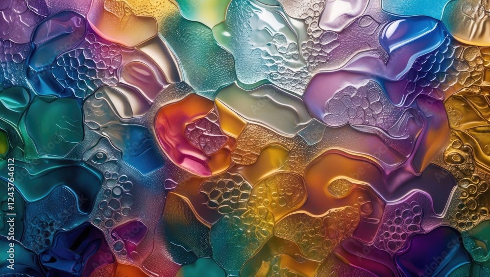 Poster vibrant abstract background featuring an embossed glass pattern with colorful fluid shapes and textu