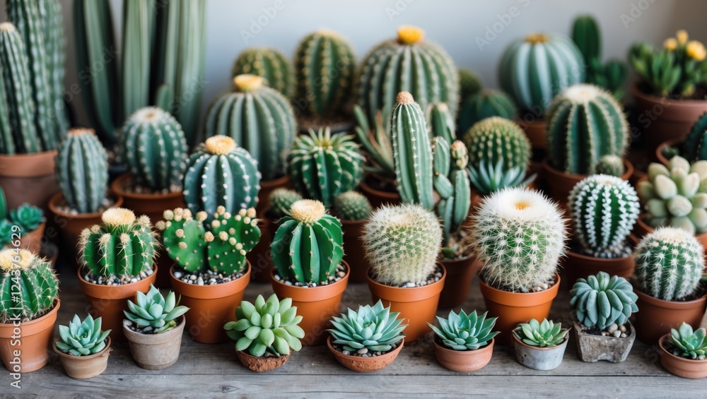 Poster a beautiful array of cacti and succulents in pots with room for text overlay in a vibrant indoor set