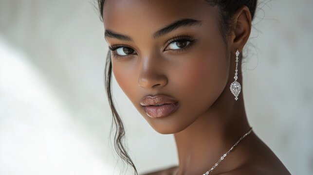 Close up portrait of a young woman with dark skin, freckles, and subtle makeup, wearing delicate silver jewelry against a soft, light background. 