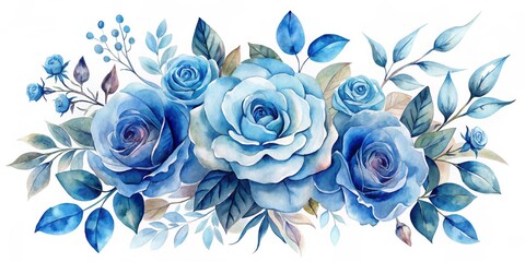 Watercolor Blue Rose Bouquet Floral Composition and Botanical Illustration