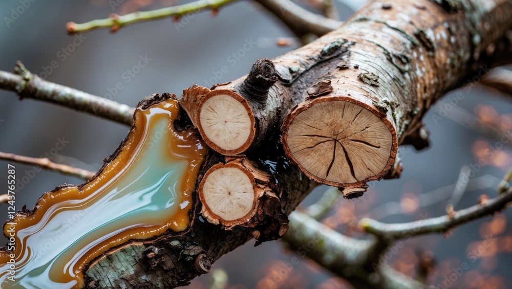 Poster a close-up view of a cut tree branch showcasing vibrant resin and tree rings on a blurred background