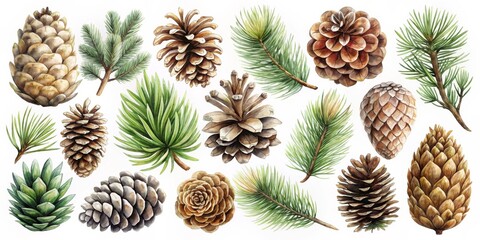 Fototapeta premium Watercolor Botanical Illustration Cones and Pine Sprigs