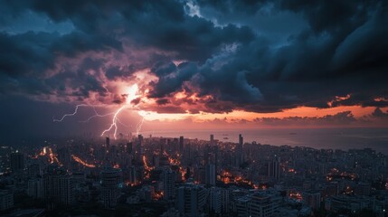 Fototapeta premium A dramatic skyline view of Beirut during a storm, lightning bolts flashing over the Mediterranean, city lights glowing beneath dark clouds