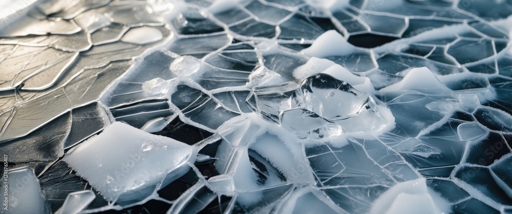 Poster intricate ice patterns on a frozen surface showcasing the beauty of nature with a mix of clear and o