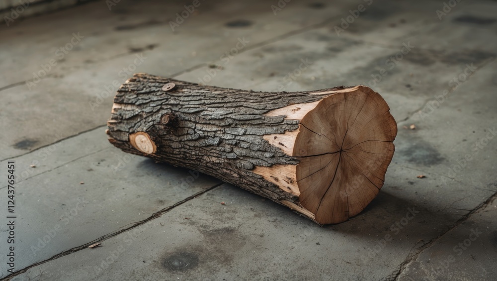 Poster wooden tree trunk with detailed bark texture resting on a concrete floor in an indoor setting showca