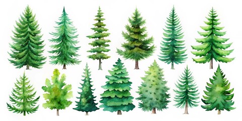 Obraz premium Watercolor Evergreen Collection Diverse Conifer Tree Illustrations