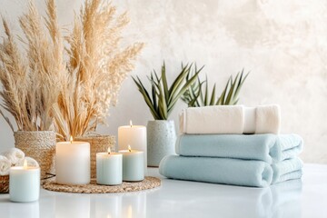 Conjunto de itens de spa com toalhas, velas e elementos decorativos em tons neutros, capturados com luz natural suave, criado com IA generativa.