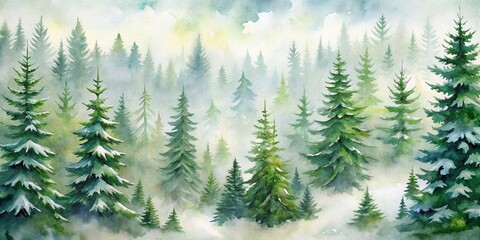 Fototapeta premium Watercolor Enchantment Misty Evergreen Forest Scene