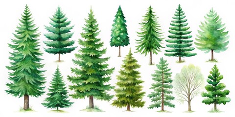 Obraz premium Watercolor Evergreen Collection Diverse Conifer and Deciduous Trees