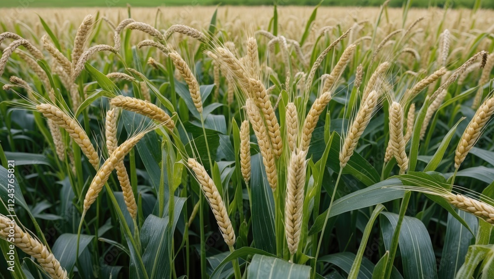 Poster ripening grain field with lush green foliage and ample space for text addition against a blurred hor
