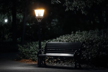 Under a street lamp, an empty bench sits in a serene park, surrounded by greenery and shadows, creating a dreamy nighttime atmosphere that enchants the senses, inviting tranquility