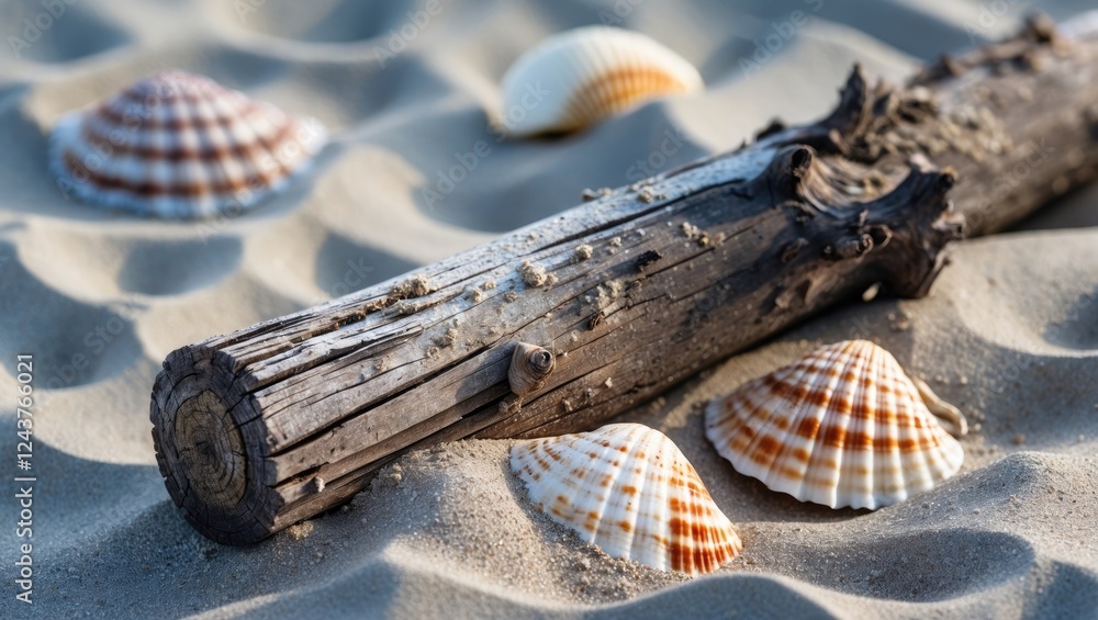 Poster seashells and driftwood on sandy beach with copy space for text in an inviting abstract coastal back