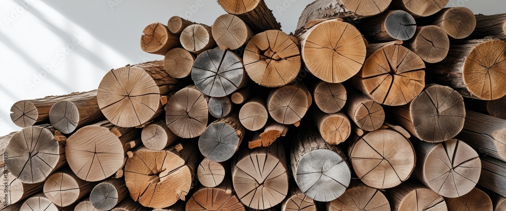 Poster stacked wooden logs showcasing various textures and circular patterns against a minimalistic white b