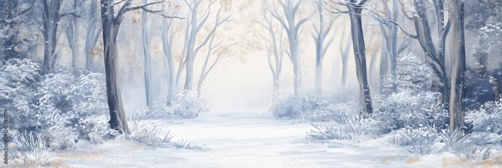 Aufkleber Snowy path winds its way through a serene and misty winter forest, creating a tranquil and inviting atmosphere, bathed in soft, diffused light filtering through the frosted trees