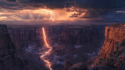A dramatic view of a storm rolling over a canyon, powerful lightning bolts cutting through the dark sky, nature's grandeur in full display