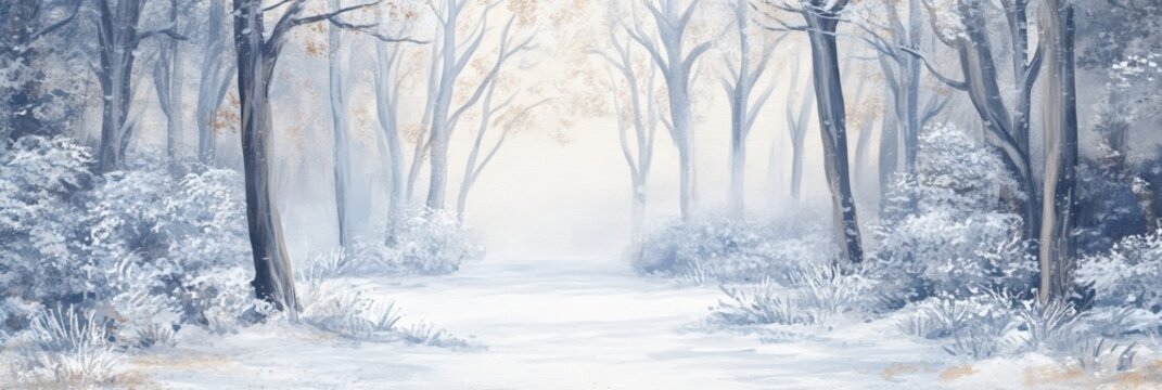 Snowy path winds its way through a serene and misty winter forest, creating a tranquil and inviting atmosphere, bathed in soft, diffused light filtering through the frosted trees