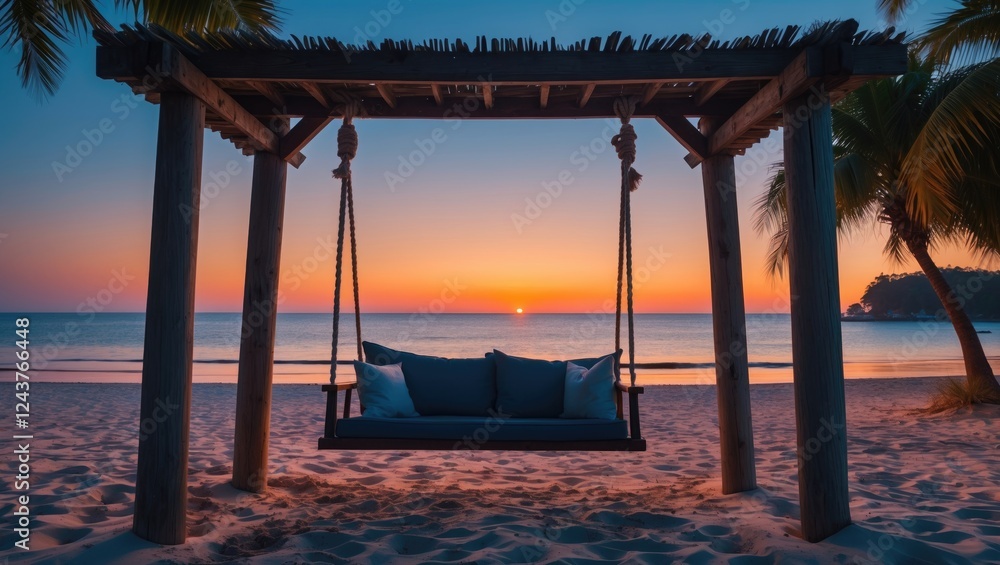 Poster serene beach swing at twilight with vibrant sunset and calm ocean waves creating a tranquil atmosphe