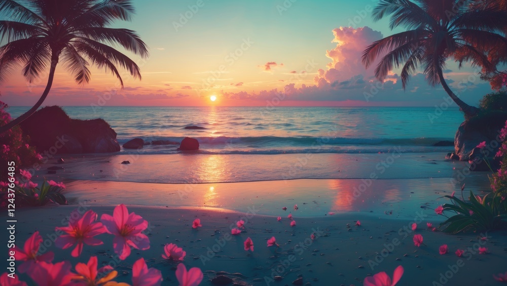 Poster tranquil summer evening at a serene beach with vibrant flowers and empty space for custom text