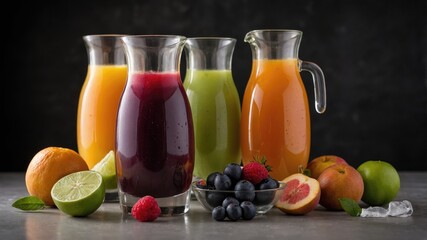 Colorful Assorted Fruit Juices in Glass Pitchers with Fresh Fruit on Table Display
