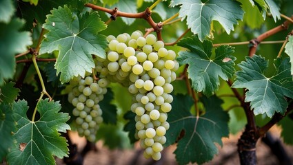 Freshly picked white grapes nestled among lush green grape leaves in a vibrant vineyard showcasing the beauty of nature's bounty.