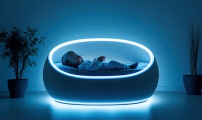 Futuristic Living Room with Minimalist Crib and Digital Mobiles