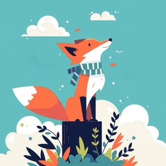 Naklejka premium Cute Orange Fox Wearing Scarf Sitting on a Stump in Nature