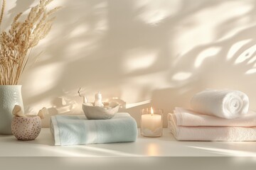 Conjunto de itens de spa com toalhas, velas e elementos decorativos em tons neutros, capturados com luz natural suave, criado com IA generativa.