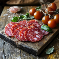 Slices of artisanal salami adorned with fresh tomatoes and basil on a rustic wooden board. Generative AI