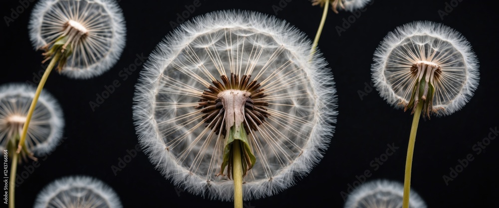 Poster macro shot of giant dandelion seed heads on a black background showcasing intricate details and text