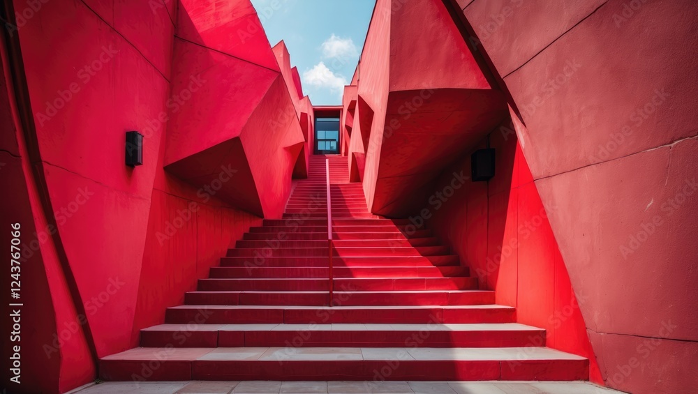 Poster vibrant red architectural structure with angular walls and upward stairs creating a dynamic urban ae