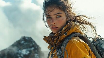 Young woman with freckles, wearing a yellow jacket and backpack, stands against a mountainous, snowy background. Windblown hair and bright lighting.