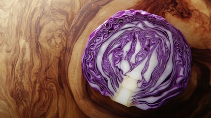 Obraz premium A freshly cut cabbage half on a wooden board, showing detailed layers, fresh morning light, high-resolution texture