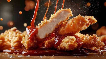 Crispy Fried Chicken Pieces Drenched in Rich Barbecue Sauce Creating a Tempting and Mouthwatering Culinary Scene with Splash Effects and Golden Breading
