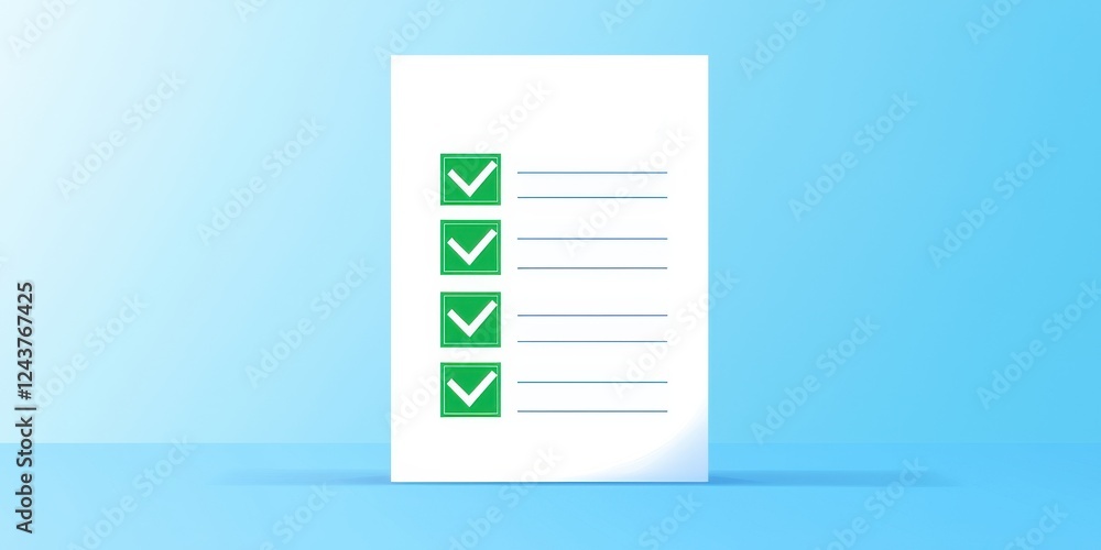 Poster checklist with green checkmarks on a blue background, representing task completion and organization.